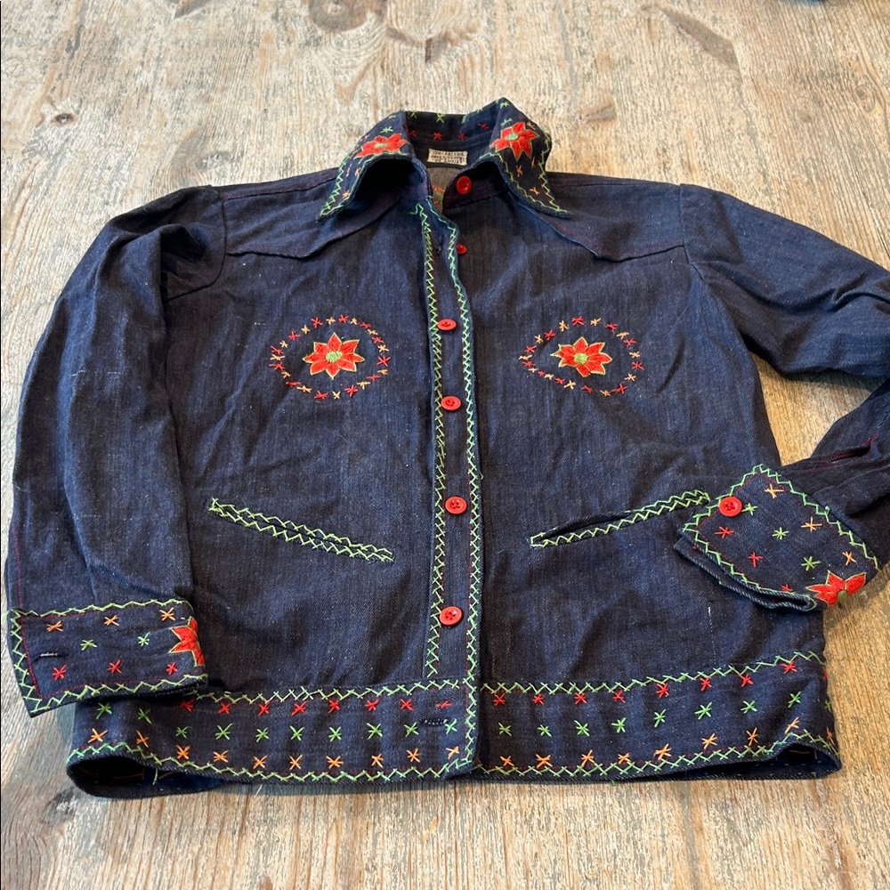 Vintage Embroidered Denim Button Down Shirt with Red and Green Accents